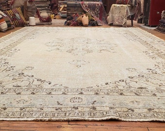 Primitive antike Cr1930-1940es Muted Dye Wool Pile Oushak Area Rug 7 ' 5 "× 11 ' 5"