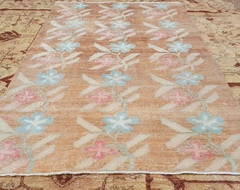 Sweet Antique Cr1900-1939's Natural Dye Wool Pile Oushak Area Rug 4'x7'