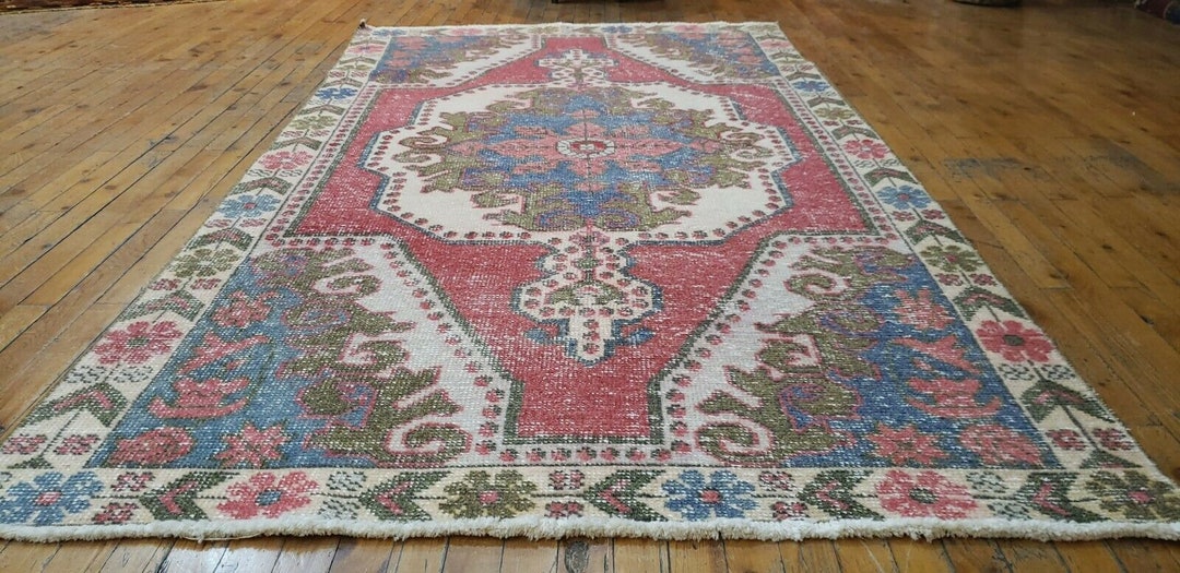 1950 Wool Rug Primitive Vintage 1950-1960s Wool, Pile Teal Blue Oushak Rug 4’8”x 7’4 ...