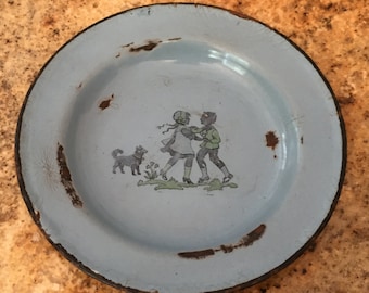 Adorable Enamel Plate Germany Blue with Boy & Girl Dancing and Dog