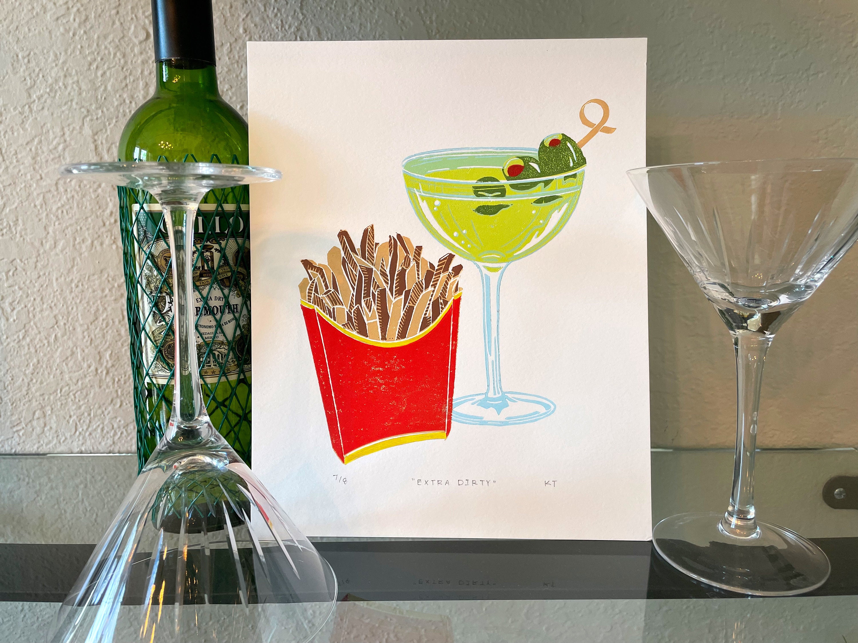 Bar Art | Hand-Pulled Original Linocut Print “Extra Dirty”