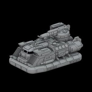 May include: A gray, futuristic tank model with a large cannon and multiple detailed compartments. The tank has a boxy design with a low profile and is set against a black background.