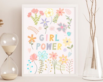 Girl power print, Wildflower nursery wall art, Kids bedroom art, Pink playroom, Printable girl room decor