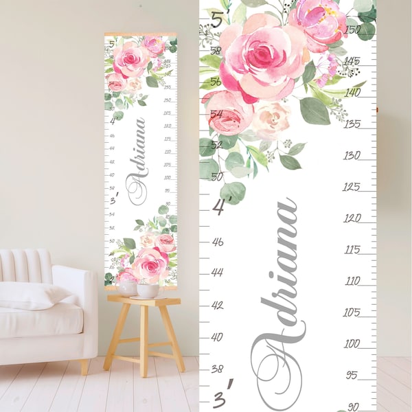 Custom Girl Height Chart, Flowers Personalized  Growth Chart, Nursery Wall Decor, Blush Hanging, Kids First Birthday, Baby Gift, Christening