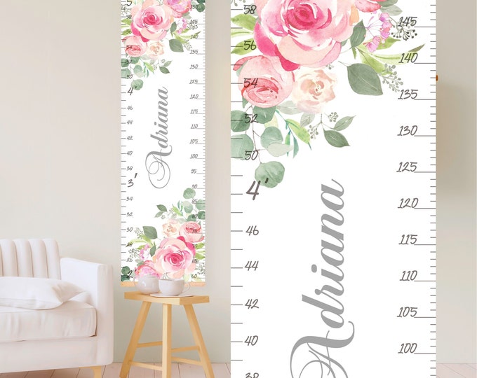 Custom Girl Height Chart, Flowers Personalized  Growth Chart, Nursery Wall Decor, Blush Hanging, Kids First Birthday, Baby Gift, Christening