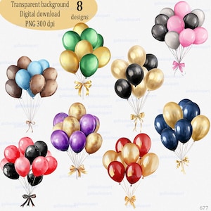 Fantazyjne akwarelowe balony PNG – żywe i złote cliparty na imprezy, imprezy dla dzieci, zaproszenia urodzinowe, projekty sublimacji