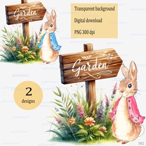 Sublimation de Pâques Peter Rabbit : conception PNG de lapin, signe de jardin, fleurs de printemps, clipart aquarelle, jardinage, ma 1ère carte de Pâques