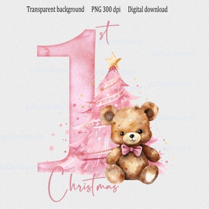 Premier Noël ours en peluche Clipart PNG : 1er Noël de bébé, sublimation de sac du père Noël, fichier PNG transparent, aquarelle rose sapin de Noël