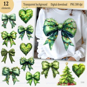 Lazo de luces navideñas PNG Clipart para sublimación, impresión en camisetas y otros; Lazo de piel verde de tendencia, corazón, árbol; Chico navideño verde acuarela