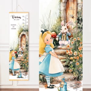 Gepersonaliseerde groeigrafiek meisje: Alice in Wonderland-thema, aangepaste hoogteliniaal, kunst aan de muur kinderkamer, babycadeau voor verjaardag of doop
