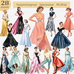 1950 年代半ばの女性のファッション PNG クリップアート: レトロな女性のドレス、ヴィンテージのイブニング ドレスを着た女の子、フォーマルなガウン、ノスタルジックなイメージ