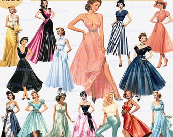 1950 年代半ばの女性のファッション PNG クリップアート: レトロな女性