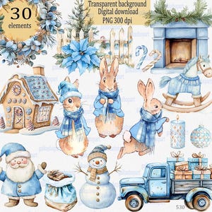 Paquete de 30 imágenes prediseñadas navideñas de Peter Rabbit: conejito Flopsy de acuarela y otros elementos en azul para la decoración de la fiesta de Navidad, personajes de Beatrix Potter