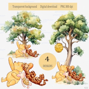 Classic Winnie the Pooh and friends clipart PNG: Children party decor; Watercolor Sublimation Design with Bear Piglet Tigger; gender neutral