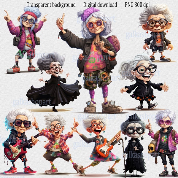 Ensemble de 10 Crazy Old Grandma Clipart PNG : Personnages âgés fantaisistes dans les styles Punk Goth Rock, grand-mère non conformiste, grand-mère rebelle