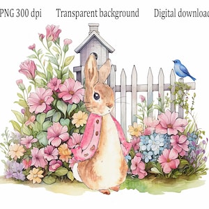 Flopsy Bunny Clipart, Peter Rabbit in tuin met bloemen, aquarel illustraties, sublimatie print png, ontwerp verjaardag kind en babyshower