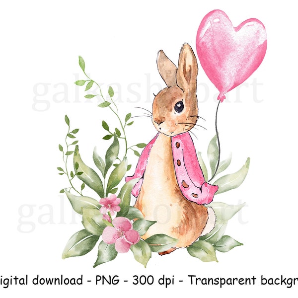 Pink Flopsy Bunny, Flowers Sublimation Graphic, Peter Rabbit Design, Baby Girl Party Design, Watercolor Clipart PNG, Floral and Greenery