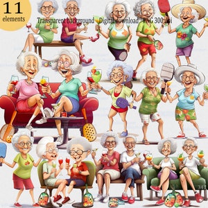 11 Clipart PNG Humorous caricatures of cute granny playing pickleball: cheerful old women with pickleball paddle and glasses of wine martini