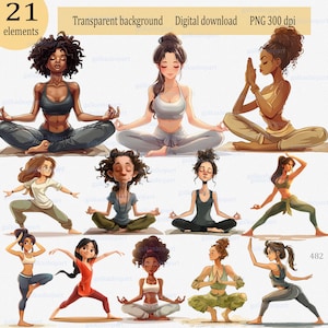 Grappige cartoon yogadame, png-afbeelding: schattige Afro-Amerikaanse en Aziatische vrouw, instructeur leidt vredesmeditatiesessie asana's Ontspanning Fitness