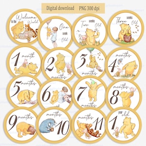 Baby Monatlichen Schildern mit Winnie Puuh und Freunden: Vintage Pooh Wochen Zahlen, Meilenstein Marker, Monatliche Foto Requisiten