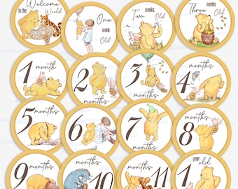 Baby Month Signs with Classic Winnie the Pooh and friends: Vintage Pooh weeks Numbers, Milestone Markers, Monthly Photo Props