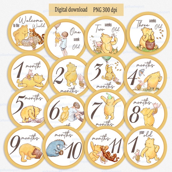 Baby Month Signs with Classic Winnie the Pooh and friends: Vintage Pooh weeks Numbers, Milestone Markers, Monthly Photo Props