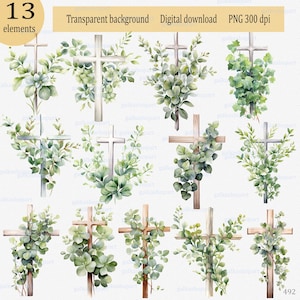 Conjunto de 13 cruces de acuarela PNG con hojas de eucalipto y hiedra: diseño de sublimación de bautismo, cruz de madera con vegetación, decoración religiosa
