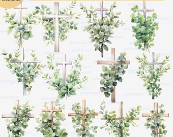 Set of 13 PNG Watercolor Cross Eucalyptus and Ivy Leaves: Baptism sublimation design, Wooden cross with greenery clipart, Religious Decor