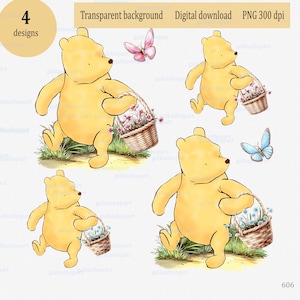 Winnie Puuh mit Weidenkorb und Schmetterling Clipart PNG: Aquarell Design für Sublimation und Druck, Kinderzimmer Wandkunst