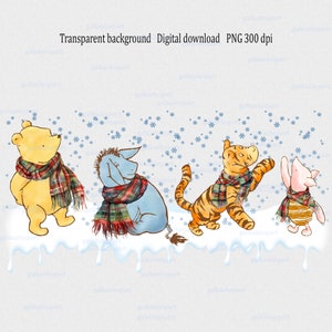 Diseño de sublimación clásico de Winnie the Pooh y sus amigos PNG para decoración de fiesta navideña, para letrero de bienvenida, pancarta navideña, clipart de oso de acuarela