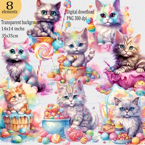 Zestaw clipartów akwarelowych Rainbow Sweets and Kitten: Fantastyczne cukierki i koty na przezroczystym tle Pliki PNG do tworzenia kartek i dziennika śmieci