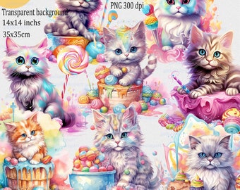 Rainbow Sweets and Kitten Watercolor Clipart Bundle: Fantasy Candy&Cat on Transparent Background PNG Files for Card Making and Junk Journal