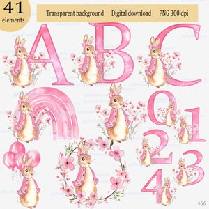 Peter Rabbit rosa Alphabet und Ziffern Clipart PNG: 26 Aquarell einzelne Buchstaben, 10 Zahlen und 5 Design mit floralem Häschen; Monogramm Ziffern