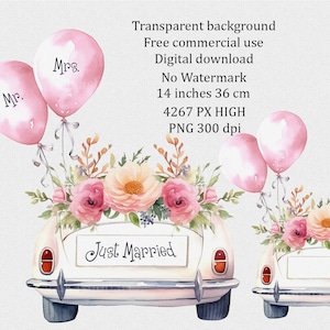 Just Married PNG, impressions de voiture de mariage, Mr & Mme aquarelle Clipart, sublimation de mariée, conception de cartes de félicitations, art mural
