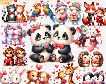 Romantische Tier Paare Clipart PNG: 21 süße Aquarell Valentinstag Designs mit Herzen, Baby Tier Liebe Sublimationsset