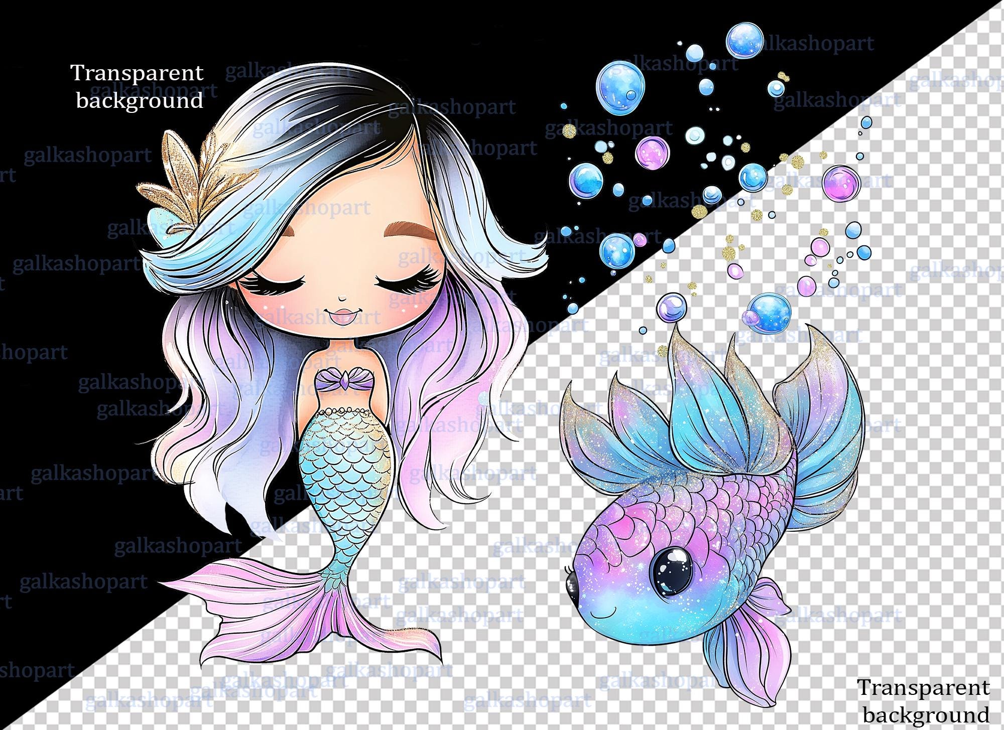 Mermaid Clipart PNG Bundle, Watercolor Ocean Princess Characters ...
