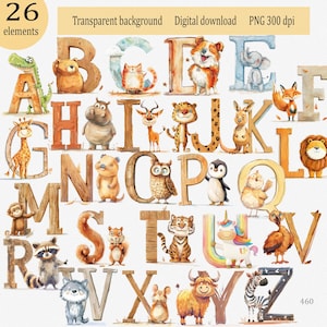 Clipart de alfabeto animal, design de sublimação, clipart fofo de ABC, arte de parede de berçário de bebê, imagem PNG para impressão, ilustração de cartão de recém-nascido
