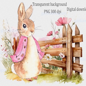 Flopsy Bunny in der Nähe von Blumenzaun Clipart PNG: Blumen Sublimation Grafiken, Peter Rabbit in Pink Design, Baby Girl Party, Aquarell Grün