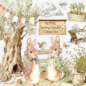 Imágenes prediseñadas de jardín de primavera, acuarela PNG de Peter Rabbit de Pascua, elementos de granja, arte rústico de conejito estilo cottagecore