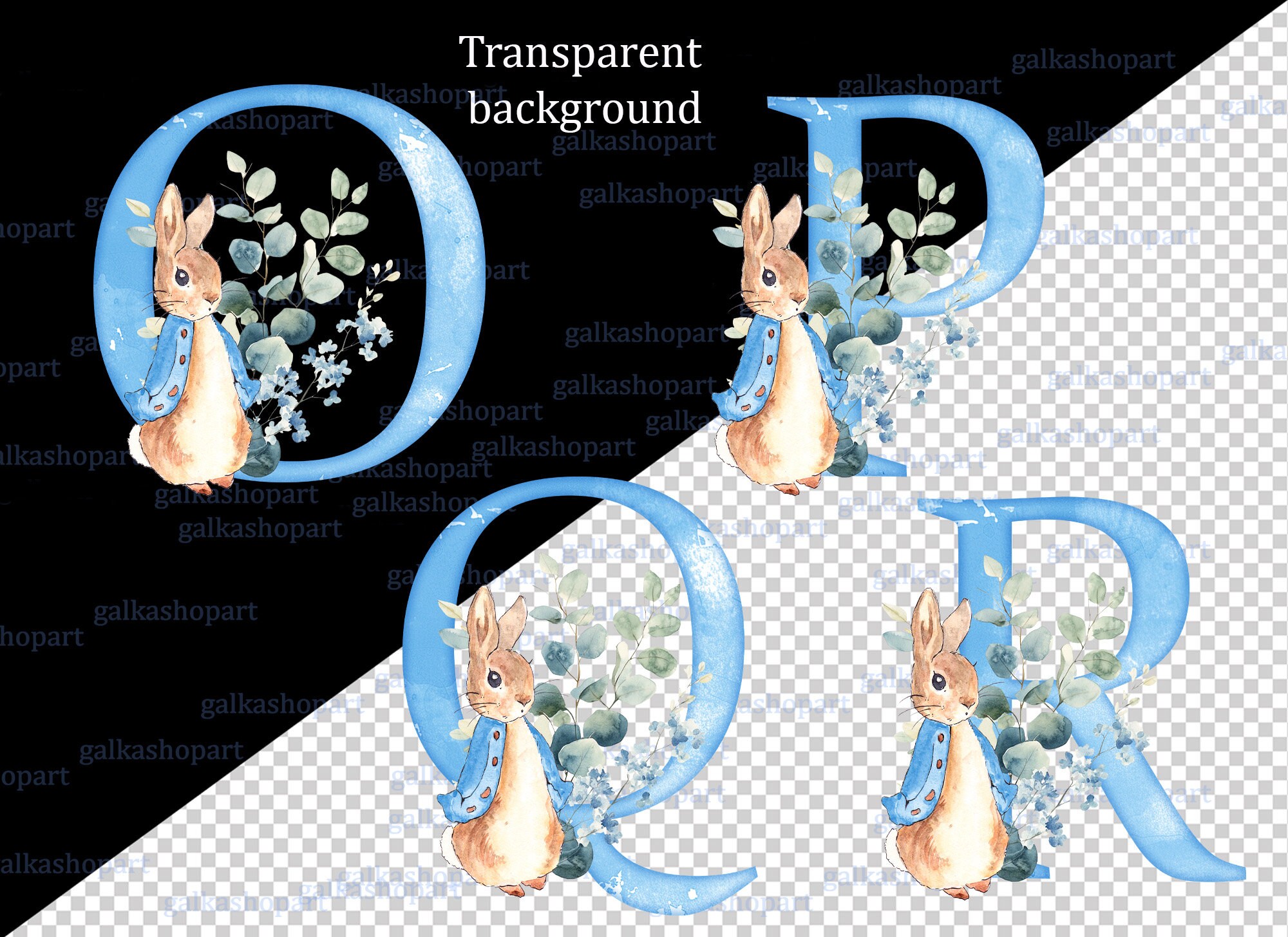 Peter Rabbit Lettering Peter Rabbit Blue Alphabet & Numeral Clipart PNG: 26 Watercolor ...