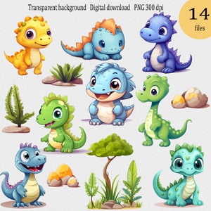 Lindos dinosaurios bebés Clipart PNG, ilustración jurásica, decoración de guardería, dragón de color de dibujos animados, bebé Dino, diseño de baby shower, imágenes prediseñadas para niños