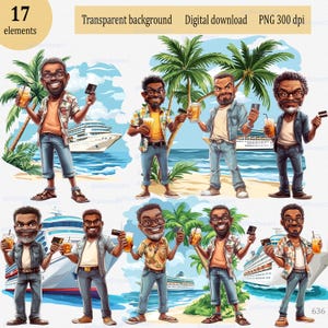 Divertida caricatura PNG de ancianos afroamericanos: abuelo activo en crucero, alegre viajero mayor con bebida, fondo de océano y playa