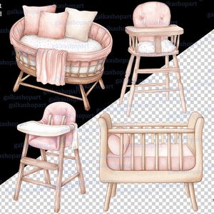 Pink Baby Girl Clipart Set: Watercolor Nursery Decor, Stroller, Toys ...