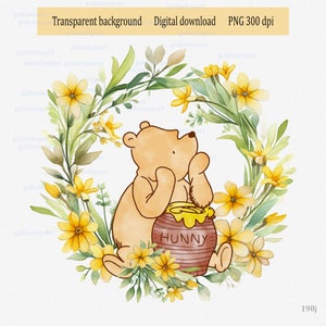 Ursinho Pooh clássico em guirlanda com flores silvestres amarelas Clipart PNG: Design de sublimação para cartão, roupas de bebê, chapéu, copo, design de transferência