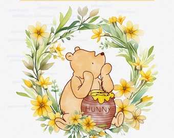 Classic Winnie the Pooh in Wreath with Yellow Wild Flowers Clipart PNG: Sublimation Design for Card, Baby Clothes, Hat, Cup, Transfer Design