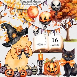 古典的なくまのプーさんとハロウィーンの要素のクリップアート：子供の不気味なパーティーの装飾、水彩画のヴィンテージクマの昇華デザインPNG