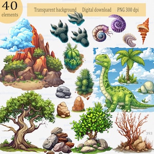 May include: A digital illustration featuring 40 elements, including a green dinosaur, paw prints, seashells, trees, rocks, and a mountain. The image has text that reads "Transparent background" and "PNG 300 dpi".