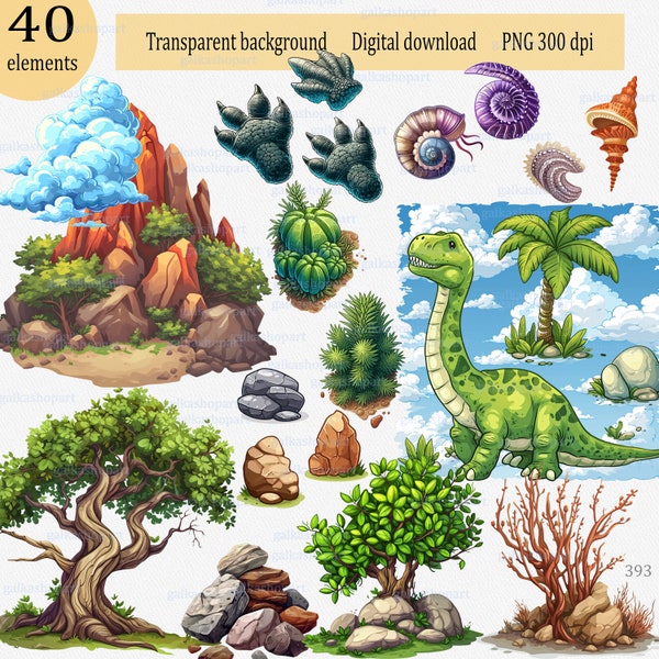 Dinosaurs era elements Clipart PNG: cartoon prehistoric dino, ancient shellfish, mesozoic period, footprint mountain cloud bush rocks stone