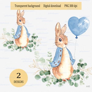 Blue Peter Rabbit, grafica a sublimazione con palloncini e verde, illustrazione Flopsy Bunny, decorazioni per feste per neonati, clipart ad acquerello PNG