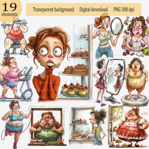 Funny Fitness Women Clipart PNG – 19 Cartoon Caricatures of Cheerful Girls Losing Weight, Working Out, Plus Size Humor Art